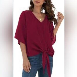 VIISHOW Tie Front  Blouses V Neck Batwing Short Sleeve 2X Burgundy